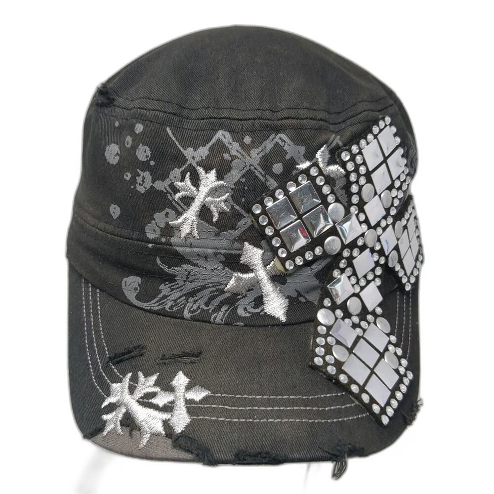 Leader Loga Army Cap Black One Size Studded Rhinestone Mirror Cross Hat Silver